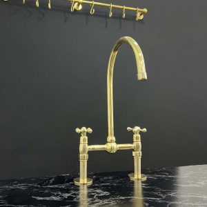 Ball Center Faucet with Side Sprayer - Unlacquered Brass Kitchen Bridge Faucet