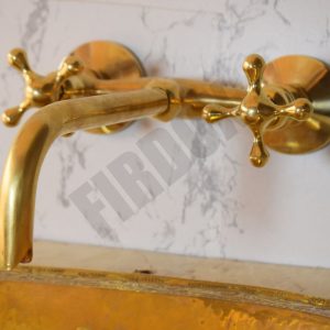 Brass Antique Wall Mount Faucet with a brass spout and brass simple handles