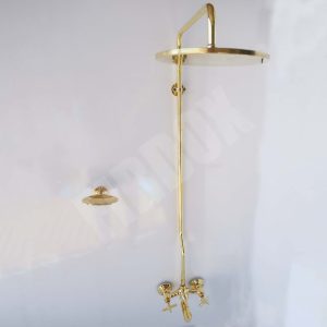 brass shower system with a flat circular showerhead