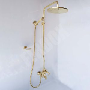 brass shower system with a flat circular showerhead