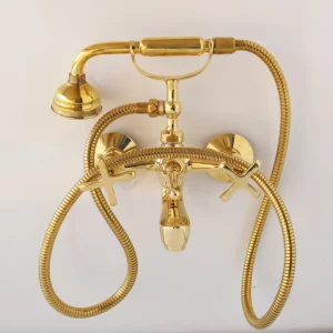 Wall Mount Telephone Tub Faucet And Hand Shower, Brass Shower System With Cross Handles, Classic Shower System