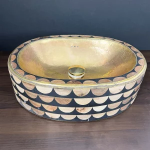 Brass Vessel Sink Studded with Wood and Resin
