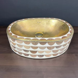 Brass Vessel Sink Studded with Wood and White Resin