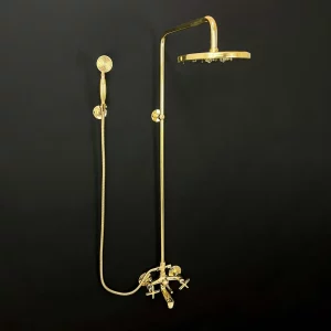 Unlacquered Brass Shower System, 3-Outlet Water Flow with Tub Filler, Hand Shower, and Shower Head