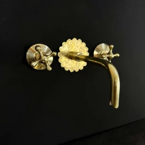 Unlacquered Brass Wall Mounted Faucet with Engraved Faceplate